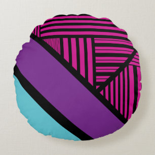 Triangle Stripes - Pink, Purple, Blue and Black Round Cushion