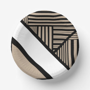 Triangle Stripes - Taupe, Black and White Paper Plate