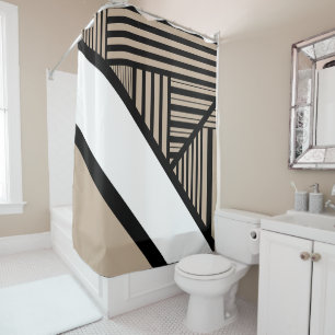 Triangle Stripes - Taupe, Black and White Shower Curtain
