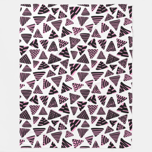 Triangles 240121 - Black and Pink on White Fleece Blanket (Front)