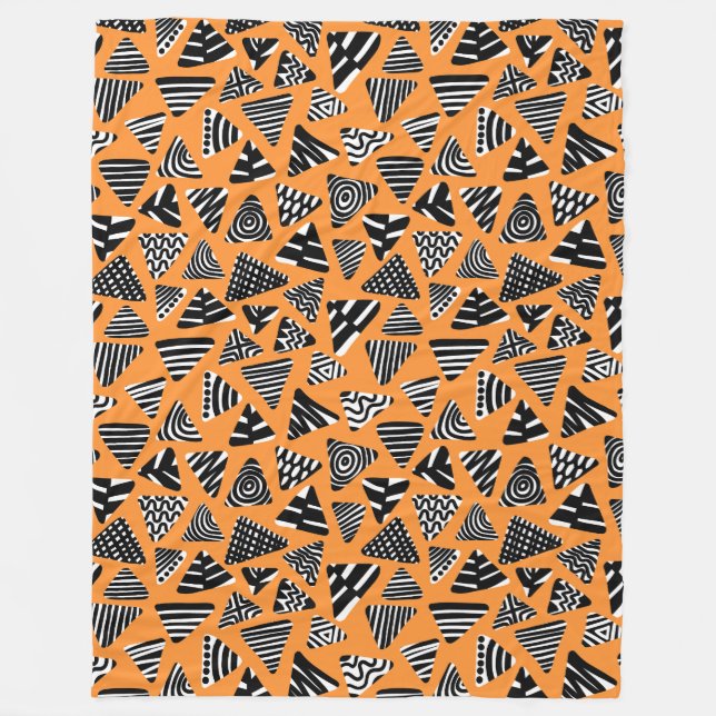 Triangles 240121 - Black and White on Orange Fleece Blanket (Front)