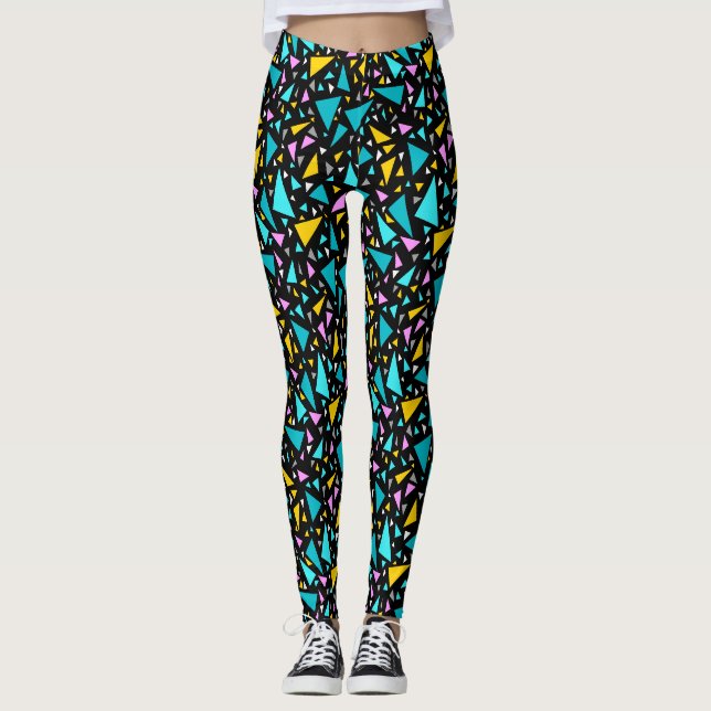 Triangles blue yellow colours on black background  leggings (Front)