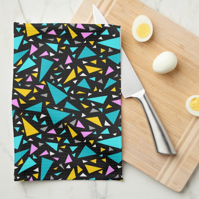 Triangles blue yellow colours on black background  tea towel (Quarter Fold)