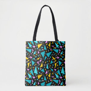 Triangles blue yellow colours on black background tote bag