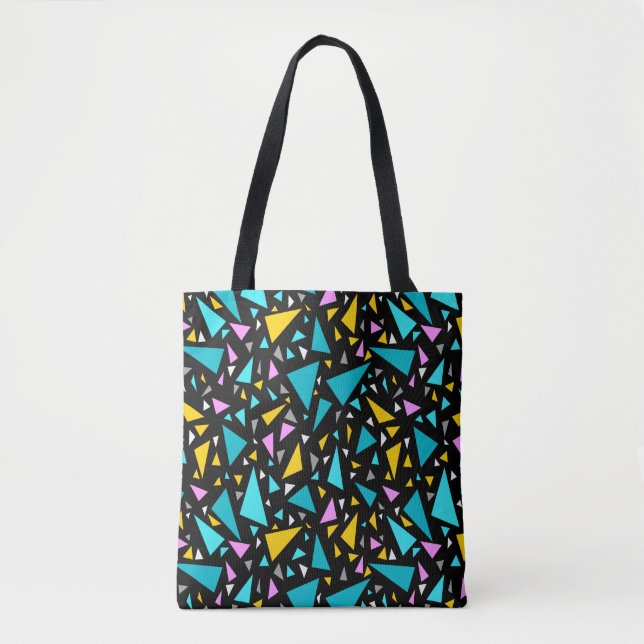 Triangles blue yellow colours on black background  tote bag (Front)