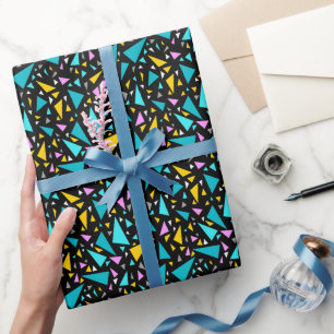 Triangles blue yellow colours on black background  wrapping paper