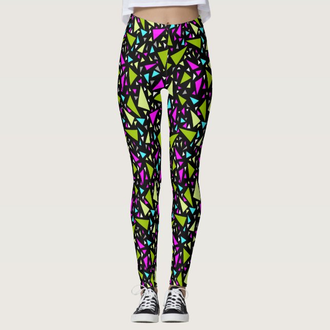Triangles green crimson colours on black backgroun leggings (Front)