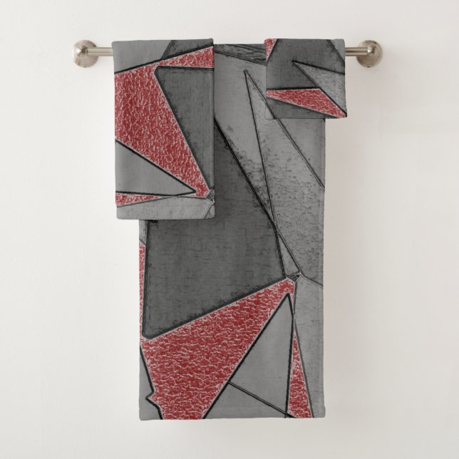 Triangular rough cutouts, over red background bath towel set (Insitu)