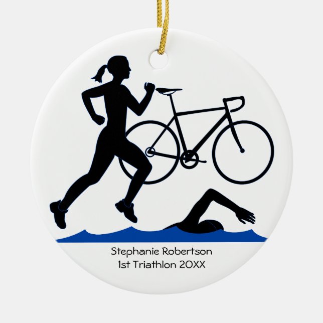 Triathlon Female Keepsake In Blue Ceramic Tree Decoration (Front)