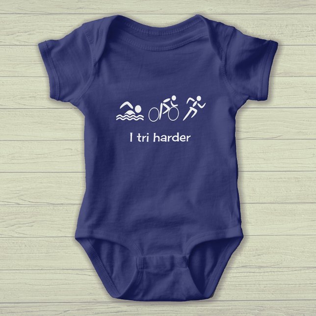 Triathlon fun text and pictograms sports baby bodysuit (Sample shows the royal blue bodysuit color option)