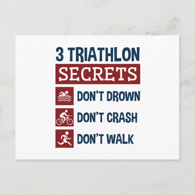 Triathlon Funny 3 Secrets Don't Drown Crash Walk Postcard (Front)