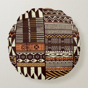 Tribal African style fabric patchwork abstract vin Round Cushion