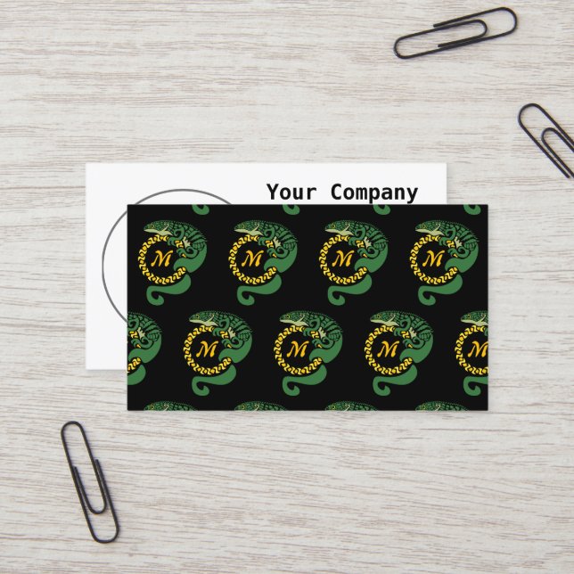 Tribal Alligator Lizard Hugging a Sun Monogram Business Card (Front/Back In Situ)