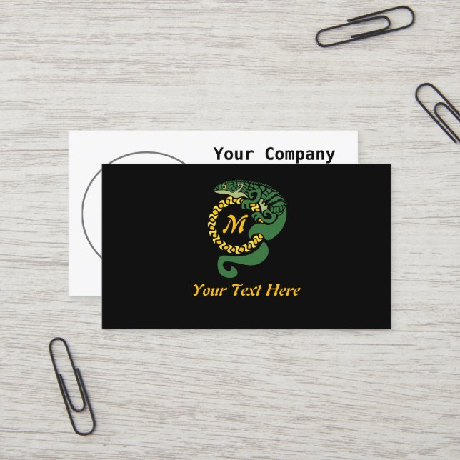 Tribal Alligator Lizard Hugging a Sun Monogram Business Card (Front/Back In Situ)