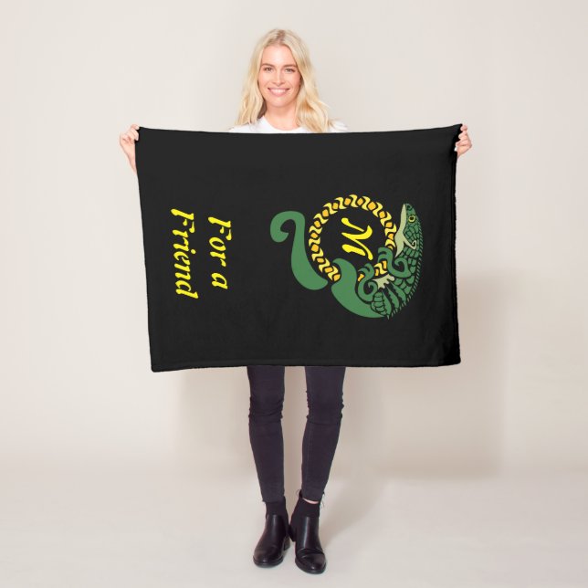 Tribal Alligator Lizard Hugging a Sun Monogram Fleece Blanket (In Situ)