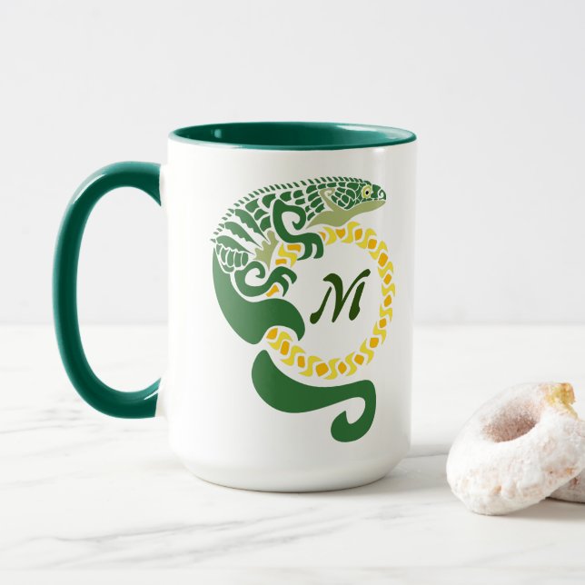 Tribal Alligator Lizard Hugging a Sun Monogram Mug (With Donut)