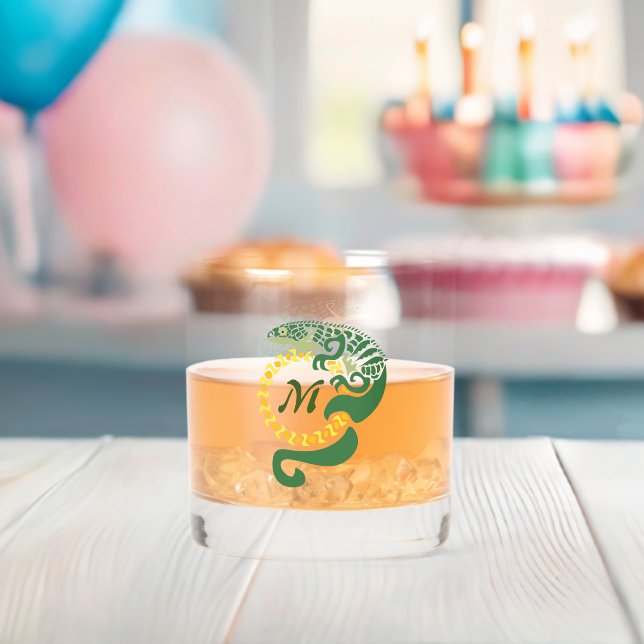 Tribal Alligator Lizard Hugging a Sun Monogram Whiskey Glass (Insitu (Baby Shower))