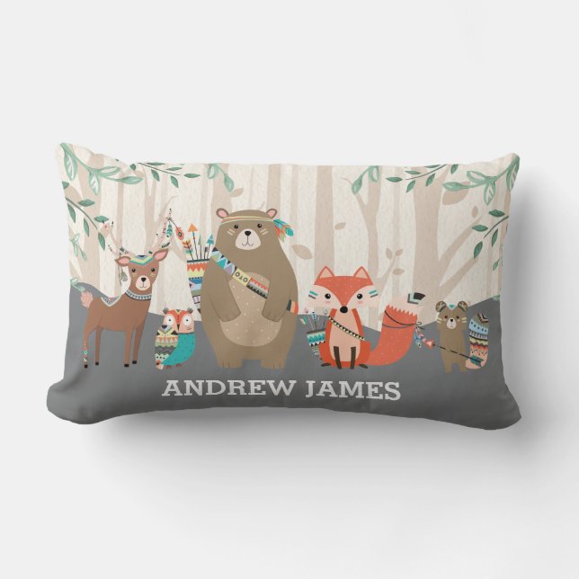 Tribal Animals Boy Nursery Room Woodland Forest Lumbar Cushion (Front)