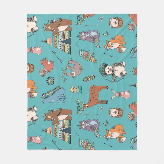 Tribal animals: woodland forest pattern. fleece blanket (Front)