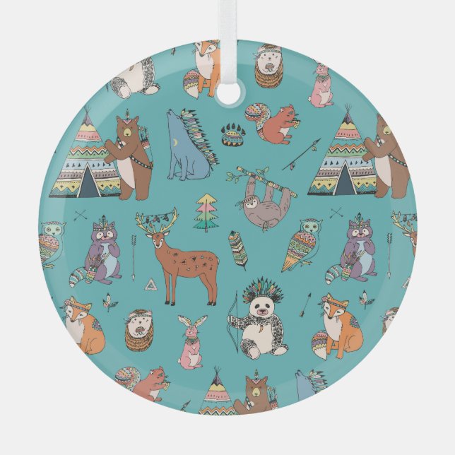Tribal animals: woodland forest pattern. glass tree decoration (Front)