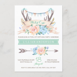 Tribal Antler Wild One 1st Birthday Invitations