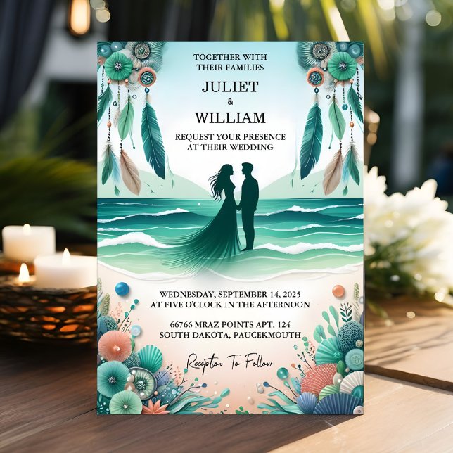 Tribal Aqua Sand Work Stacked Sea Glass Wedding Invitation (Creator Uploaded)