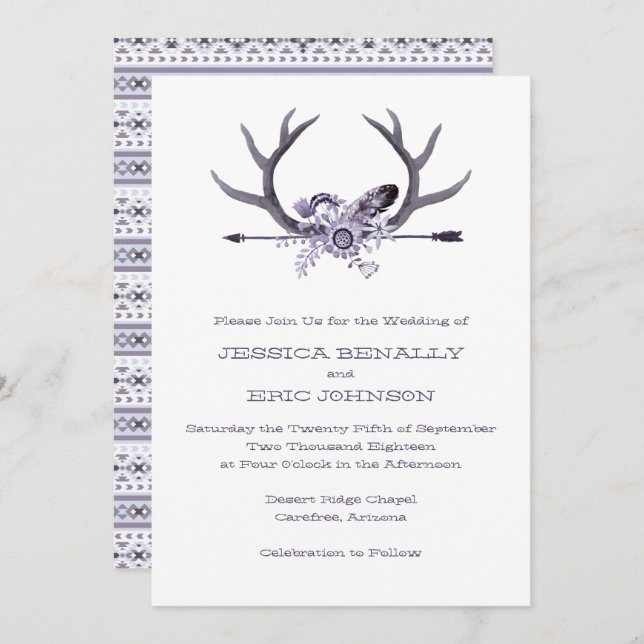 Tribal Arrow and Antlers Purple Invitation (Front/Back)
