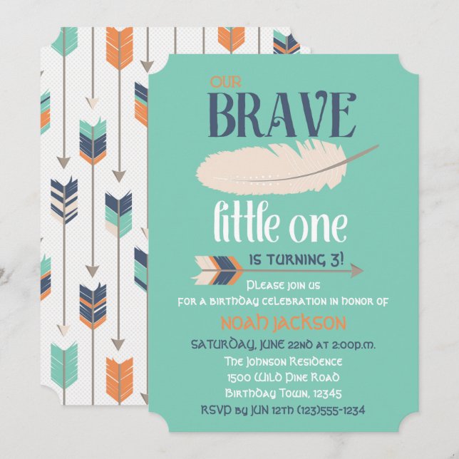 Tribal Arrow and Feather Birthday Party Blue Green Invitation (Front/Back)