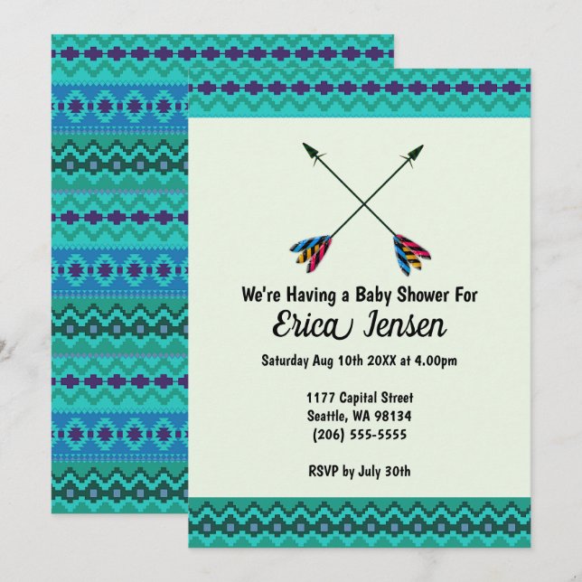 Tribal Arrows Baby Shower Abstract Blue and Green Invitation (Front/Back)