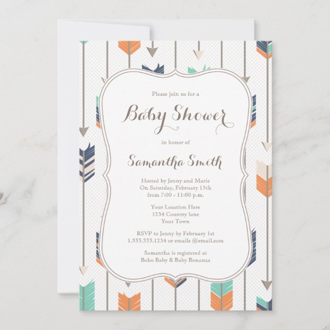 Tribal Arrows Baby Shower Navy Orange Teal Invitation (Front)
