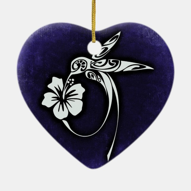 Tribal Art Bird Motif on Blue Ceramic Tree Decoration (Back)