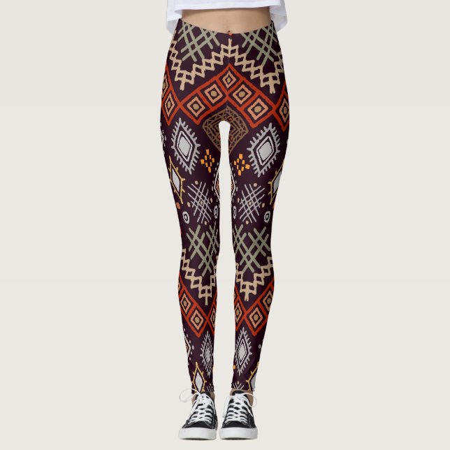 Tribal Art Boho Geometric Print Leggings (Front)