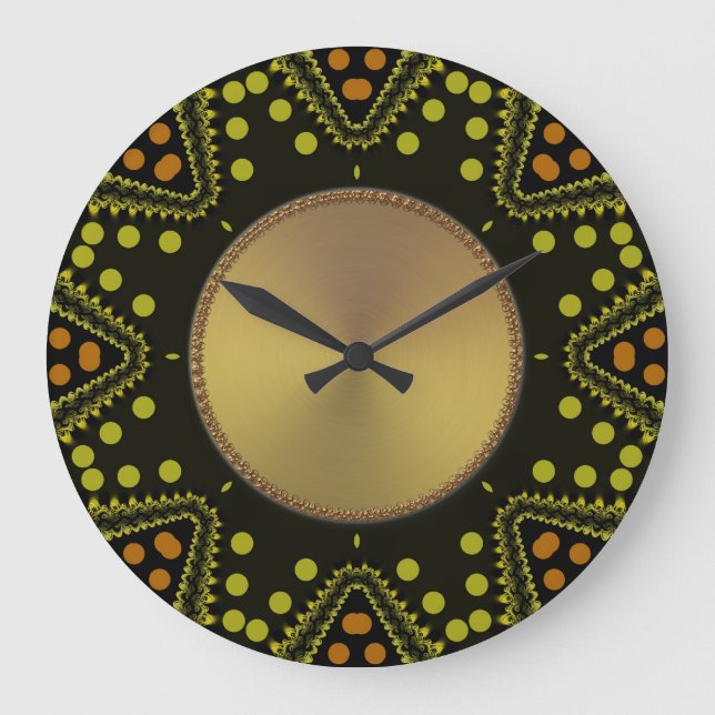 Tribal Art Dots Green Gold Wall Clock (Front)
