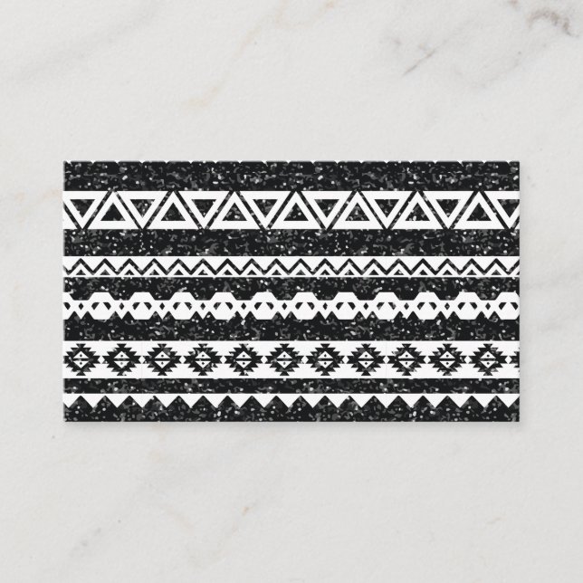 Tribal Aztec Black Glitter White Geometric Shapes Business Card (Front)