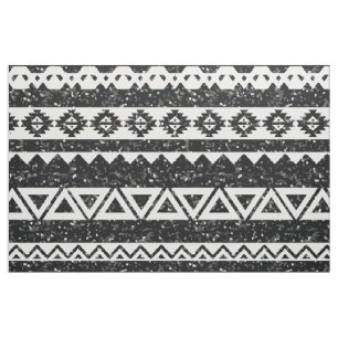 Tribal Aztec Black Glitter White Geometric Shapes Fabric