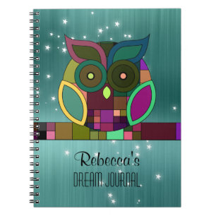 Tribal Aztec Owl on Teal (Faux) Brushed Metal Notebook
