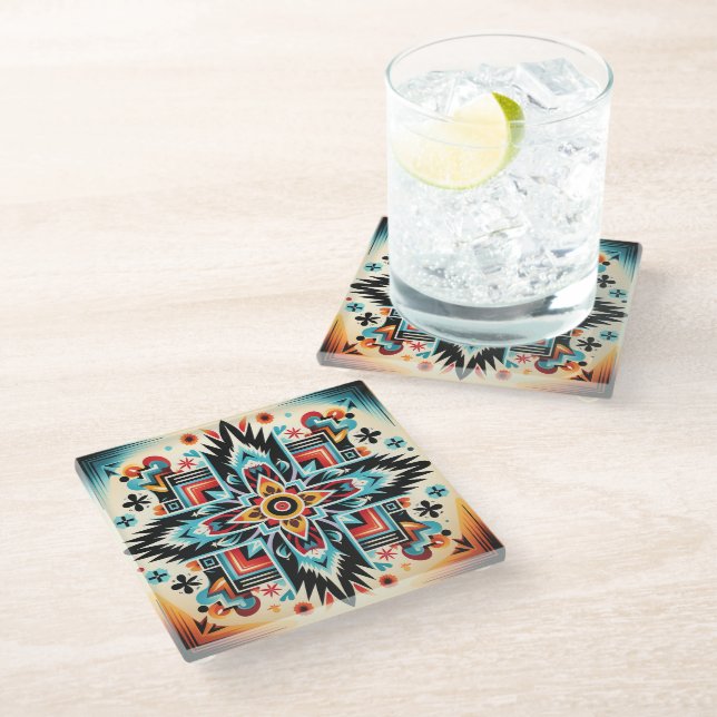Tribal Aztec pattern geometric abstract colourful Glass Coaster (Angled)