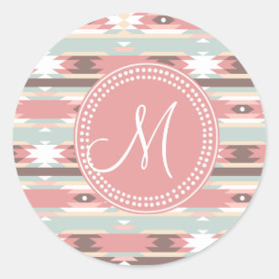 Tribal Aztec Pink Monogram Pattern Classic Round Sticker
