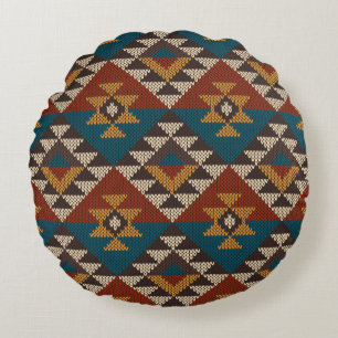 Tribal Aztec Wool Knitted Texture. Round Cushion