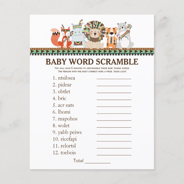 Tribal Baby Shower Games Word Scramble Rhyme Quiz (Front)