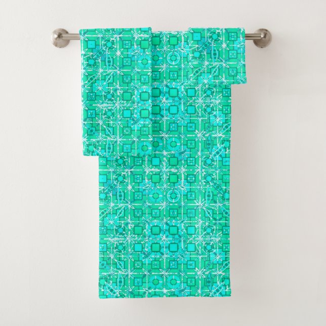Tribal Batik - aqua and turquoise with white Bath Towel Set (Insitu)