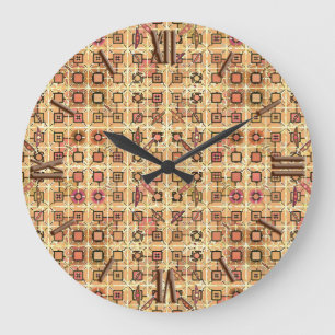 Tribal Batik - chocolate brown and camel tan Large Clock