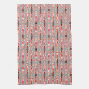 Tribal Batik - Coral Pink and Silver Grey Tea Towel