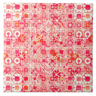 Tribal Batik - coral pink, coral orange and cream Tile