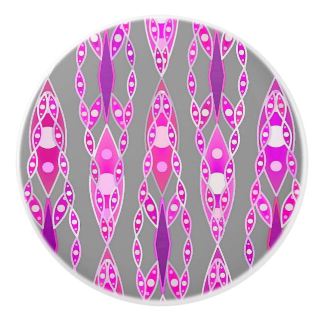 Tribal Batik - Fuchsia Pink, Violet and Grey Ceramic Knob (Front)