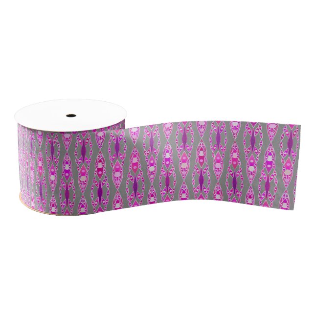 Tribal Batik - Fuchsia Pink, Violet and Grey Grosgrain Ribbon (Spool)