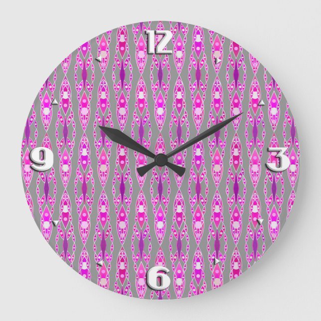 Tribal Batik - Fuchsia Pink, Violet and Grey Large Clock (Front)