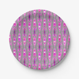 Tribal Batik - Fuchsia Pink, Violet and Grey Paper Plate