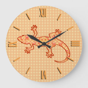 Tribal batik Gecko - coral and light orange Large Clock