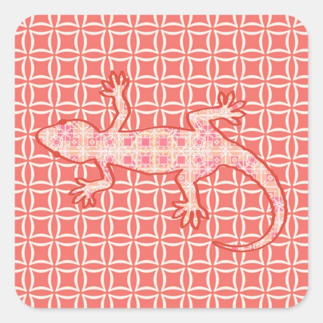 Tribal batik Gecko - coral pink and cream Square Sticker (Front)